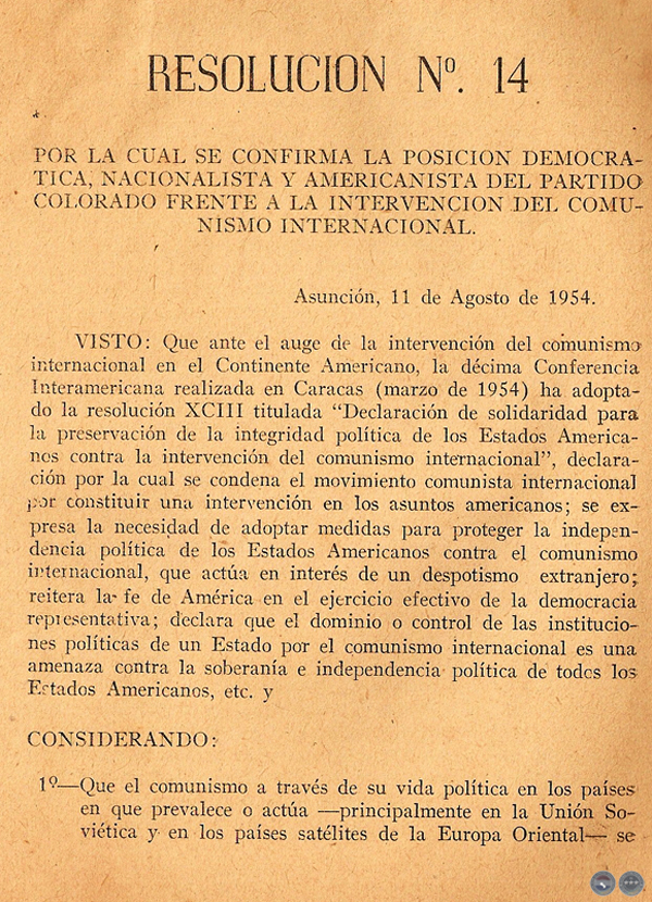 COLORADISMO PARAGUAYO FRENTE A LA ORGANIZACIÓN COMUNISTA INTERNACIONAL, 1954 - FIRMADO POR ALFREDO STROESSNER (RESOLUCIÓN JUNTA DE LA ANR)
